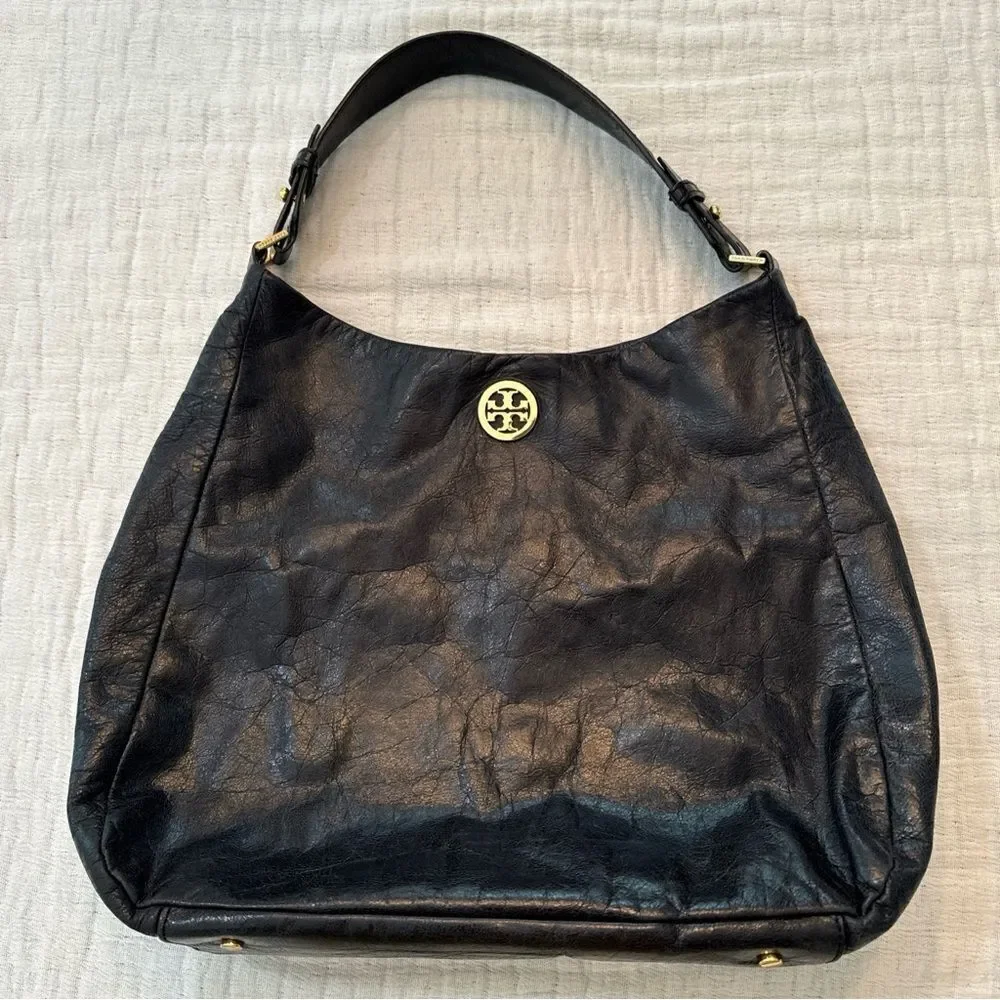 TORY BURCH Dena Black Glazed Distressed Leather Hobo Shoulder Bag